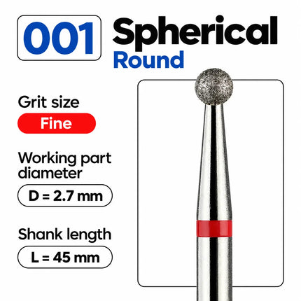 Diamond nail drill bit „Ball” 2.7 mm Red
