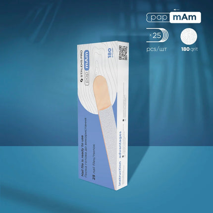 White disposable files on a wooden base papmAm Expert 22 180 grit (25 pcs) Staleks Pro - Disposable nail file