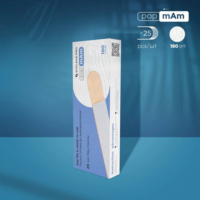 White disposable files on a wooden base papmAm Expert 22 180 grit (25 pcs) Staleks Pro - Disposable nail file